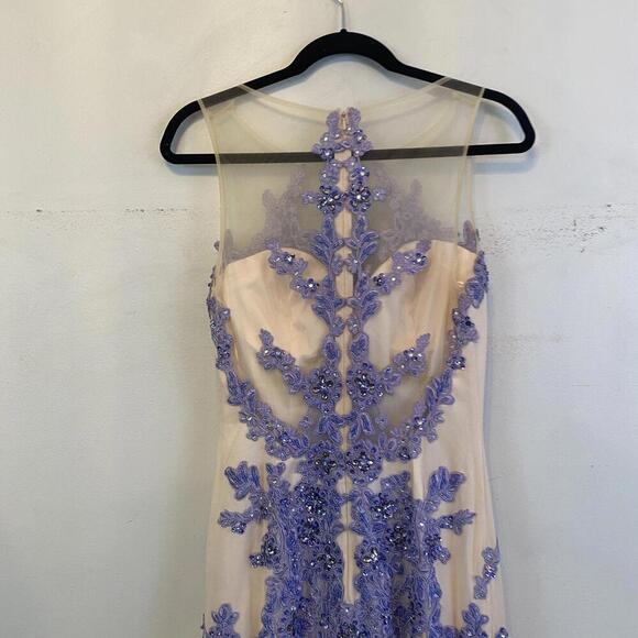 BOUBOU cream and blue hand beaded maxi tulle formal gown - Picture 6 of 7